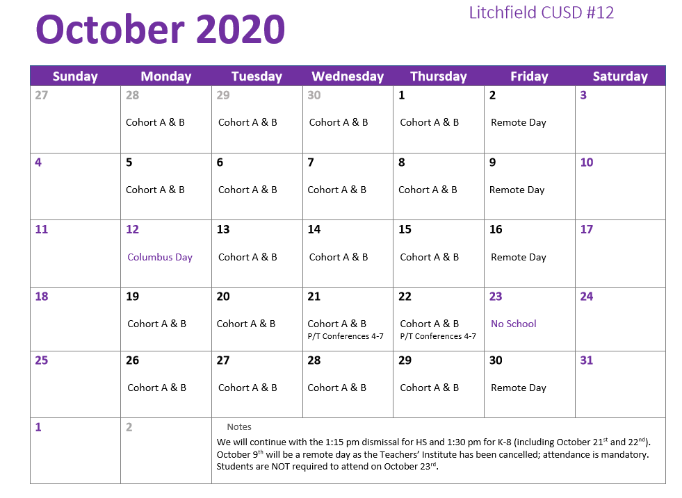 October Calendar | Litchfield High School